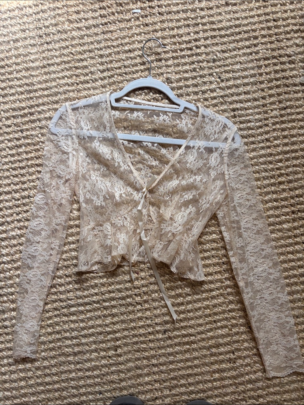 Delicate Lace Tie-Front Long Sleeve Top - Cream